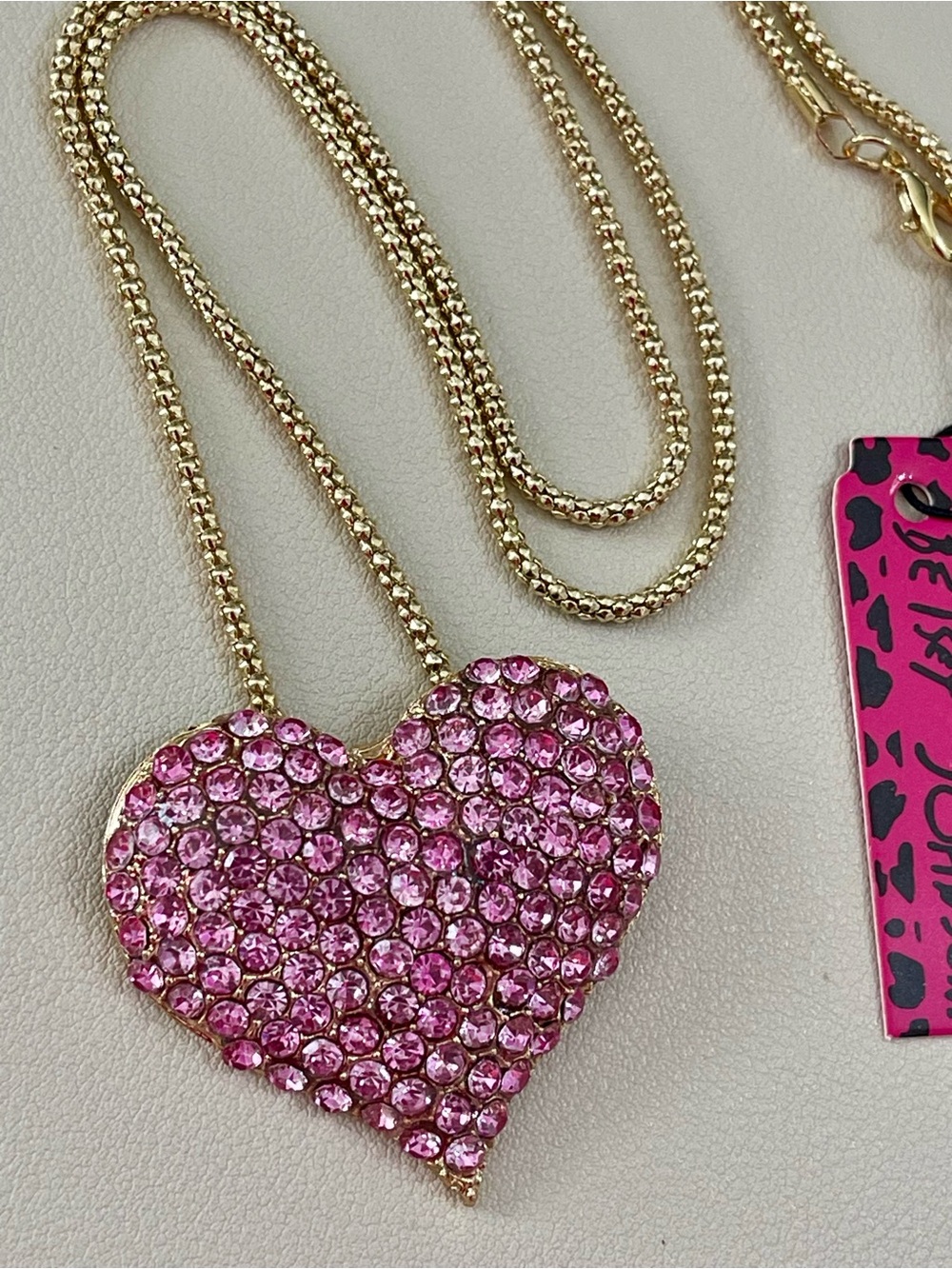 Betsey Johnson Gold-Tone Necklace with Pink Crystal Pave Heart Pendant - Picture 6 of 7